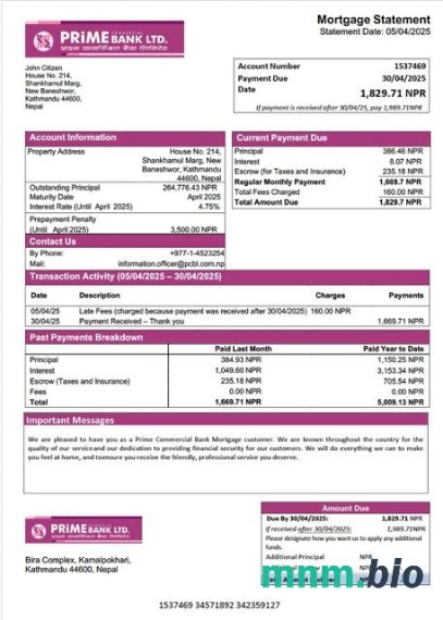 Nepal Prime Commercial Bank wyciąg z kredytu hipotecznego szablon Word i PDF